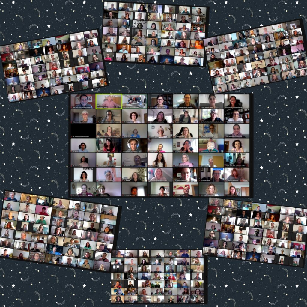 Kollage von Screenshots der 300 Teilnehmenden auf schwarzem Hintergrund mit weißen gezeichneten Sternschnuppen
